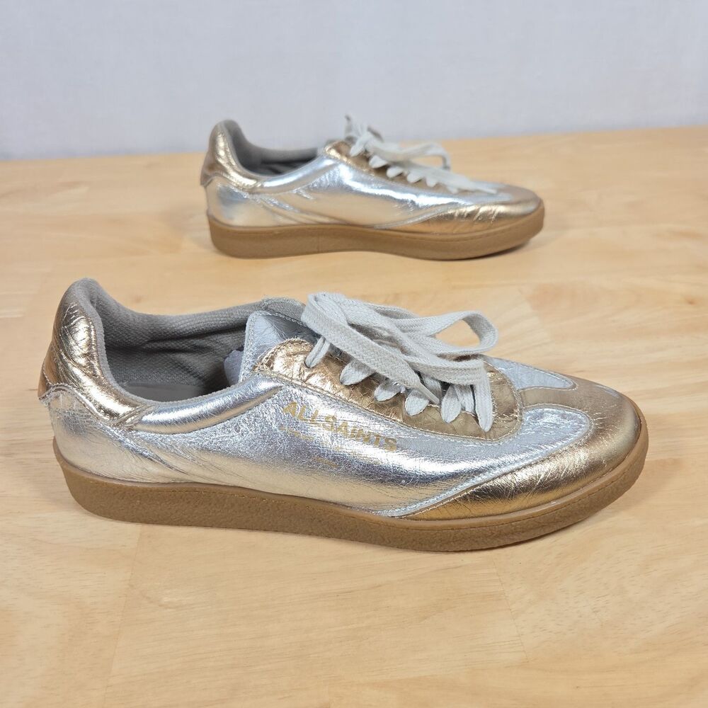 AllSaints Thelma Metallic Low Top Sneakers Women's Sz 9 Silver Gold